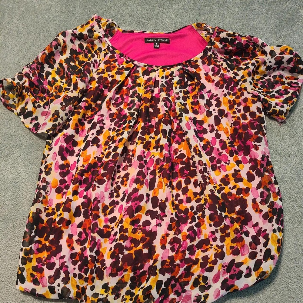 'Sara Michelle pink, orange, and brown leopard print blouse